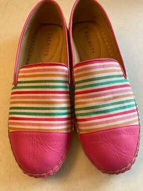 Talbots Pink Leather & Multicolor Striped Canvas Slip-Ons